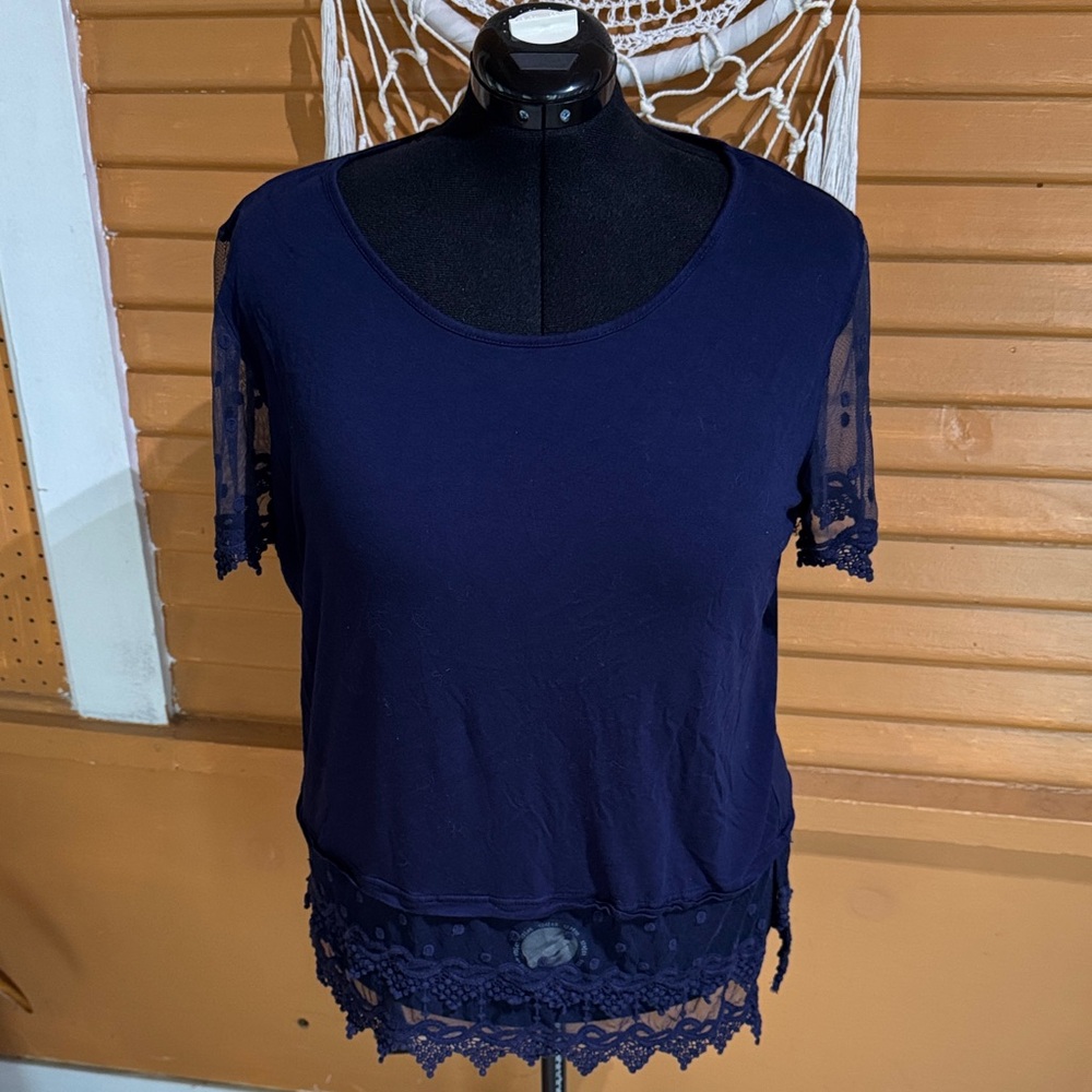 Elegant Navy Blue Lace Trim Top